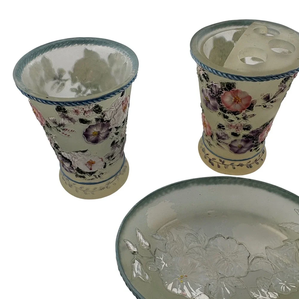 Vtg‎ 80s Ceramic Floral Bathroom Vanity Set Toothbrush Holder Soap Dish Blue 3pc